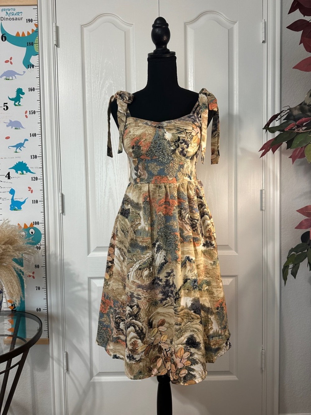 Tie-Shoulder Floral Print Sundress in Cream and Muted Tones,Length:81cm
